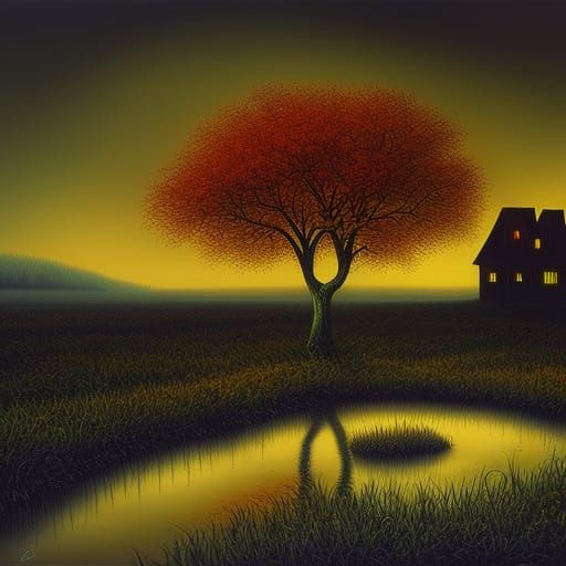 Halloween Garden Fantasy Art in Neo-Impressionist Style