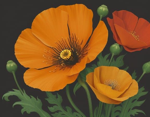 Vibrant Orange Poppy in Full Bloom, Swirling Floral Patterns