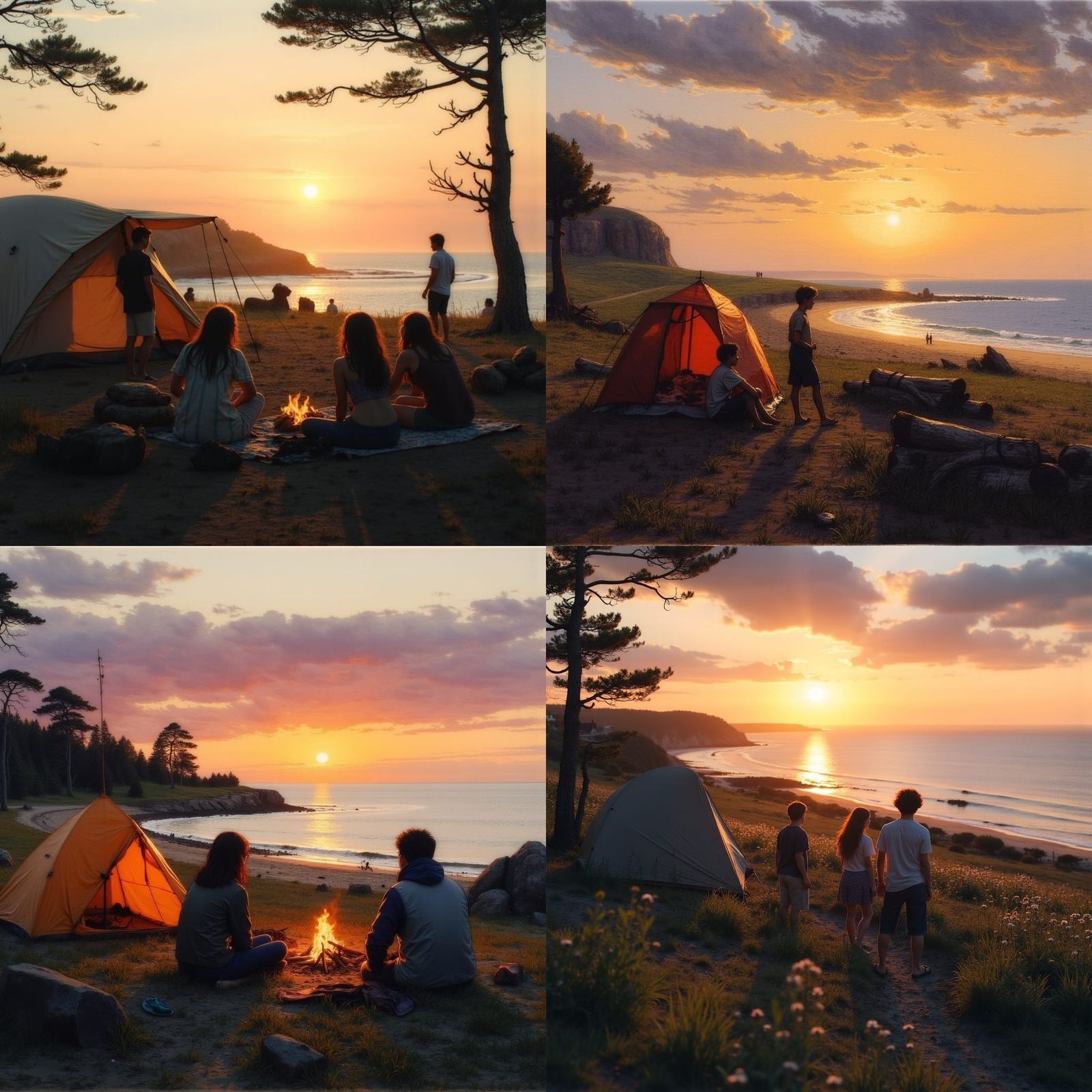 Seaside Sunset Campers in Painterly Style