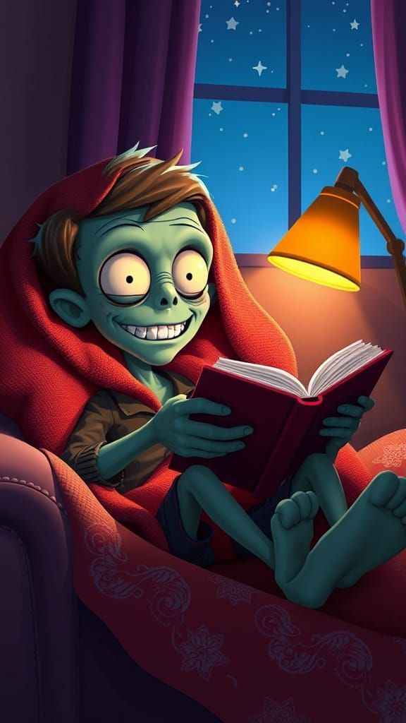 Boy and Zombie Reading a Book in Cartoon Style