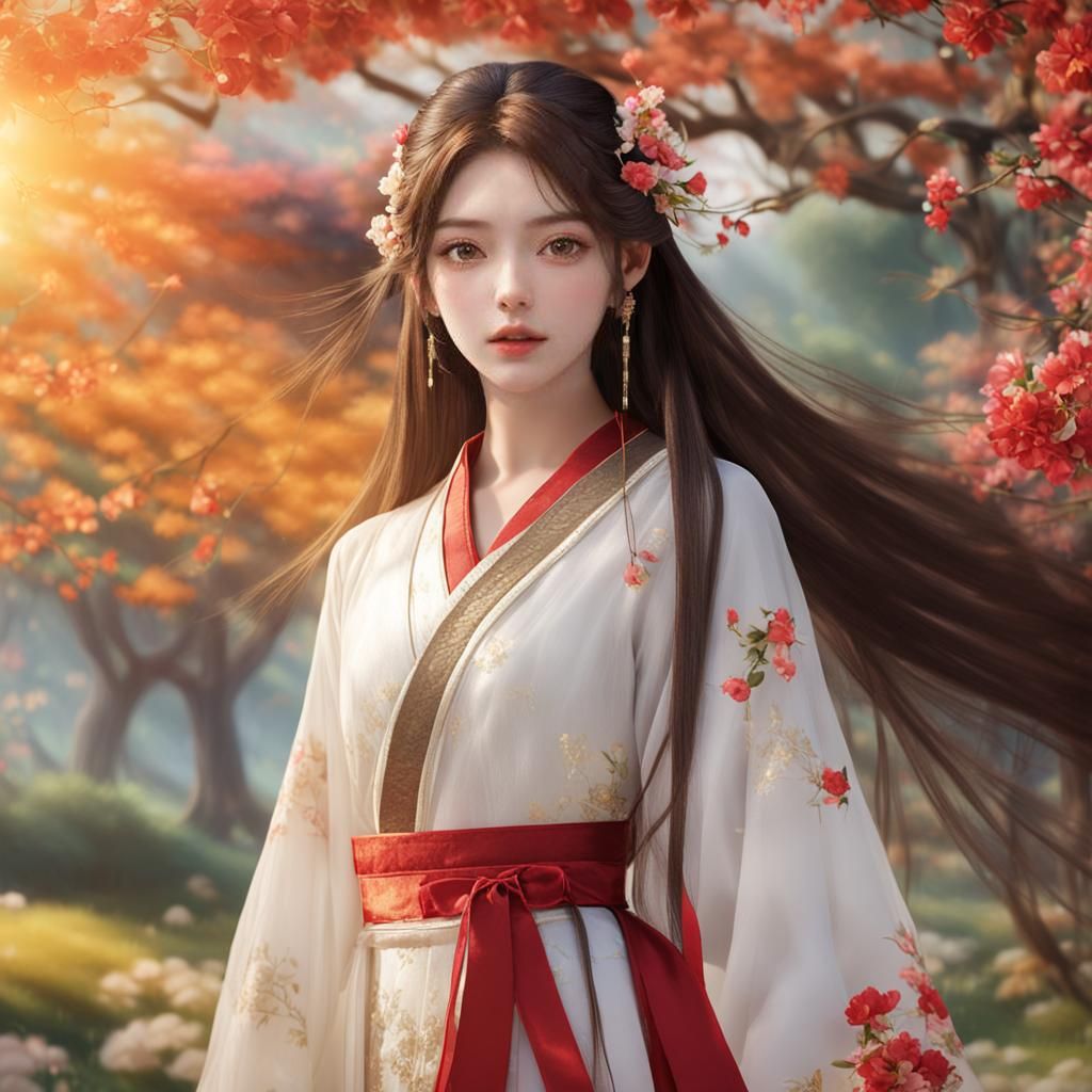 Girl in Golden Hanfu Walking in Garden