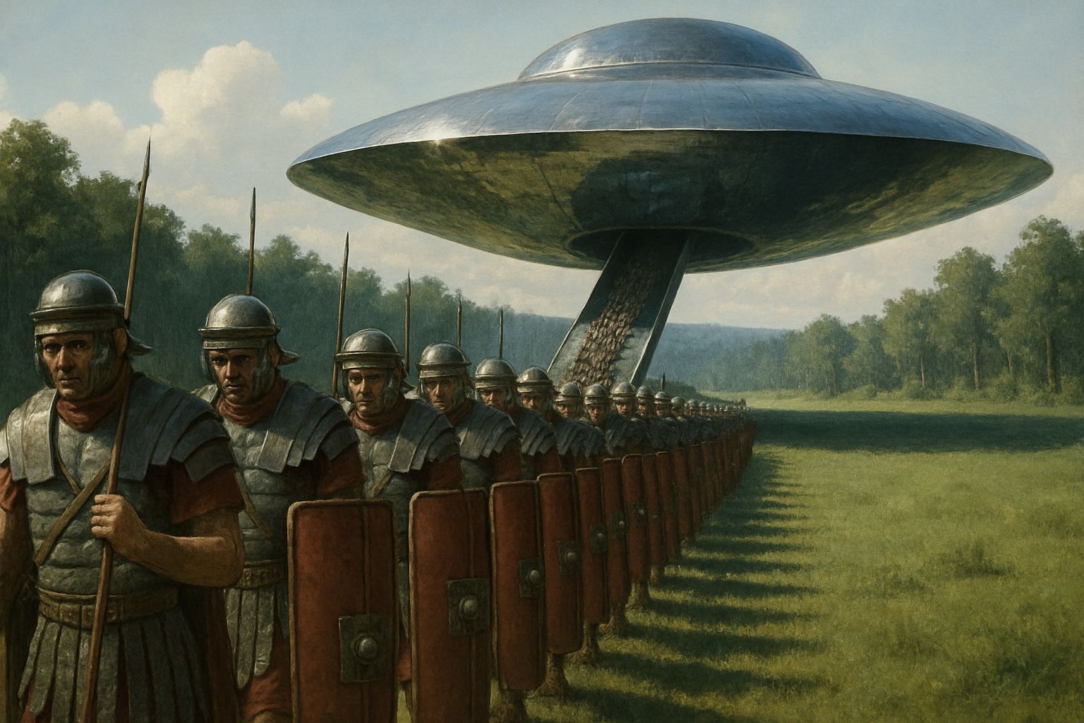 Roman Legionnaires Marching to a UFO in Forest