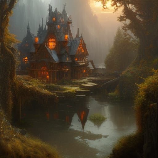 Epic Treehouse Castle: Intricate Oil Painting
