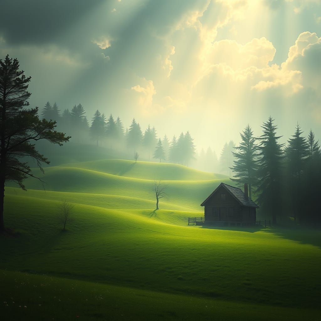 Ethereal Landscape with Mysterious Cabin