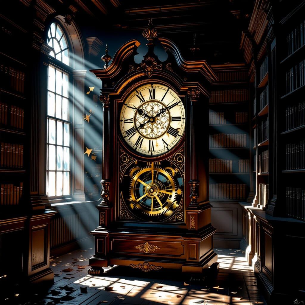 Ancient Grandfather Clock in Dusty Library, Surreal Hyperrea...