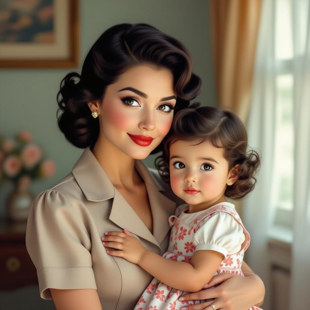 1950s Mother Holds Child in Vintage Photo Style
