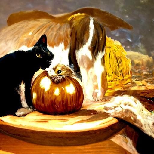 Cat and Pumpkin Oil Painting