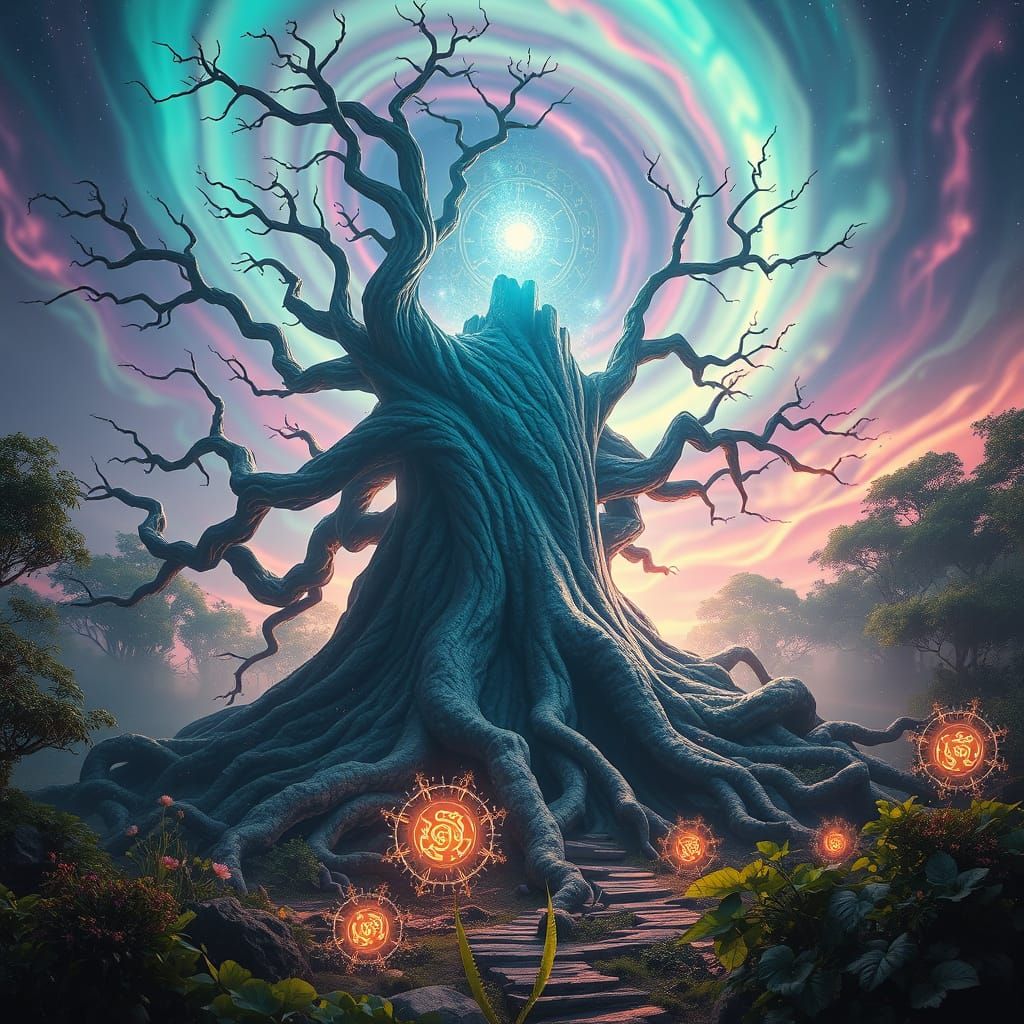 Surreal Dreamworld with Ancient Portal and Glowing Runes