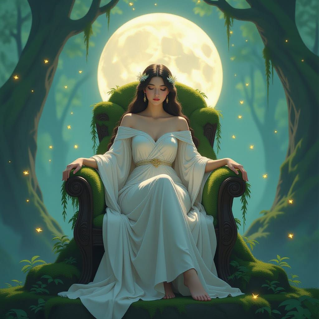 Moonlit Forest Goddess on Mossy Throne