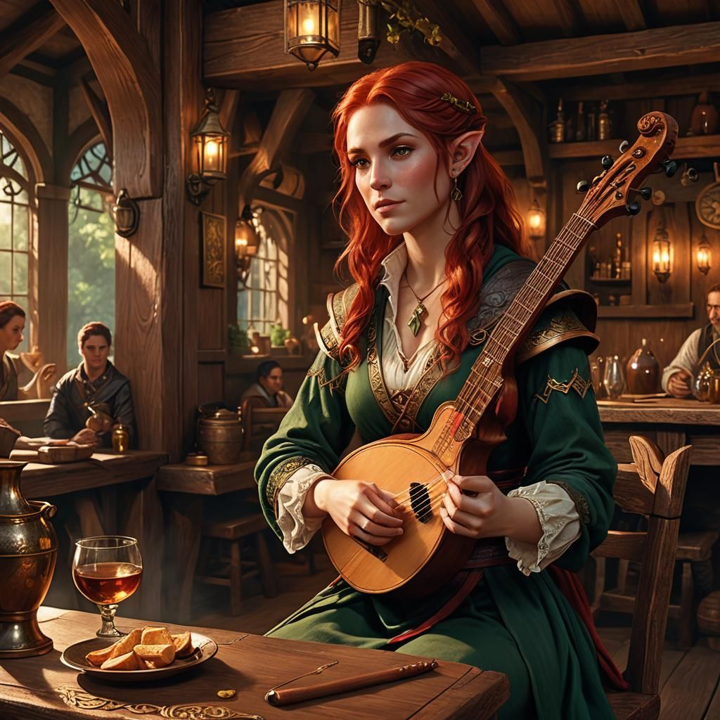 Half-Elf Bard in Tavern with Lute: Fantasy Art
