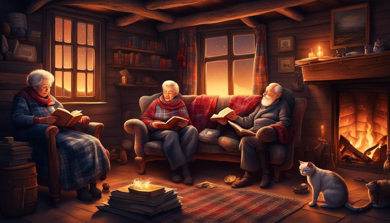 Cozy Scene: Elderly Couple Reading by Fireplace