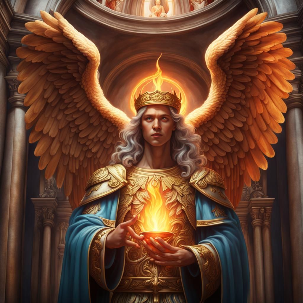 Archangel Uriel Icon with Divine Flame, Detailed Painting