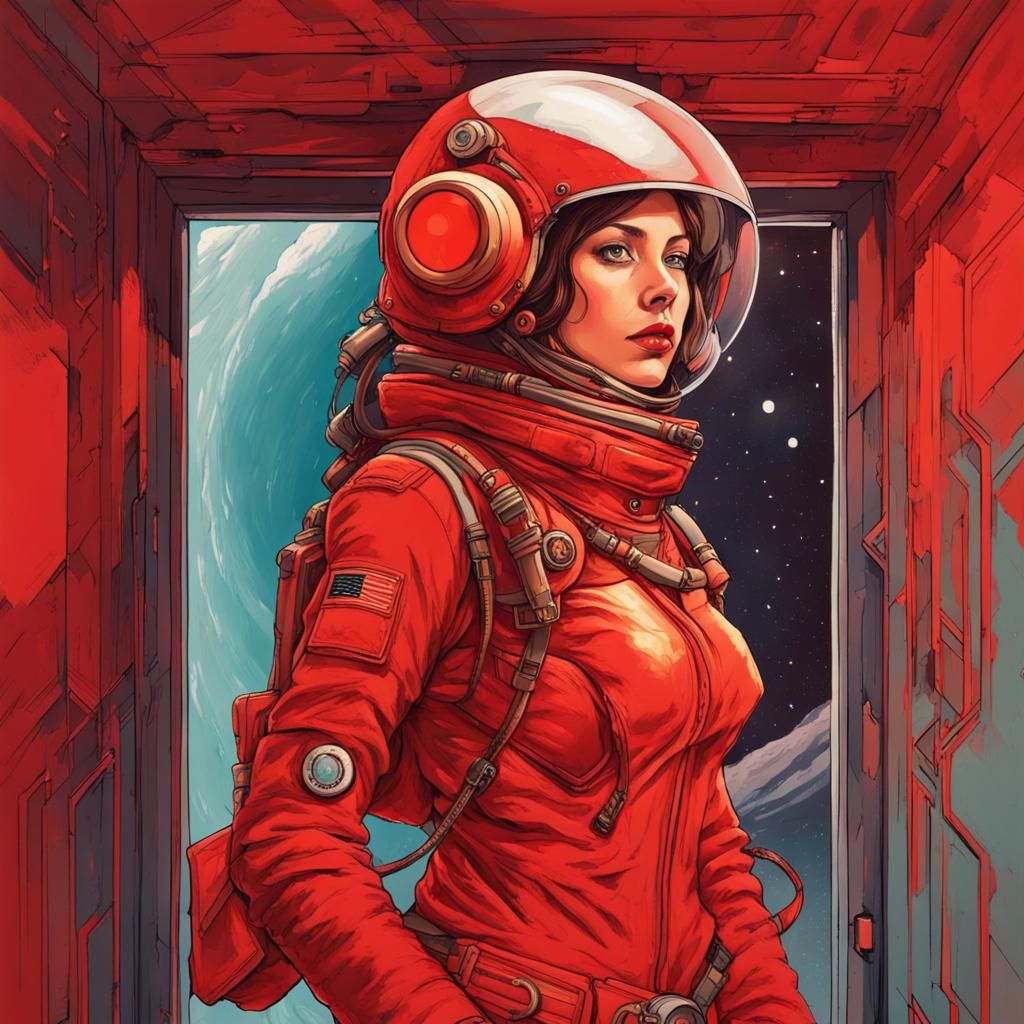 Female Space Warrior in Red Suit with Spyglass