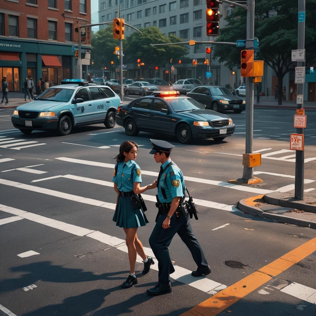 Romantic Encounter: Policeman Helps Schoolgirl Cross Street