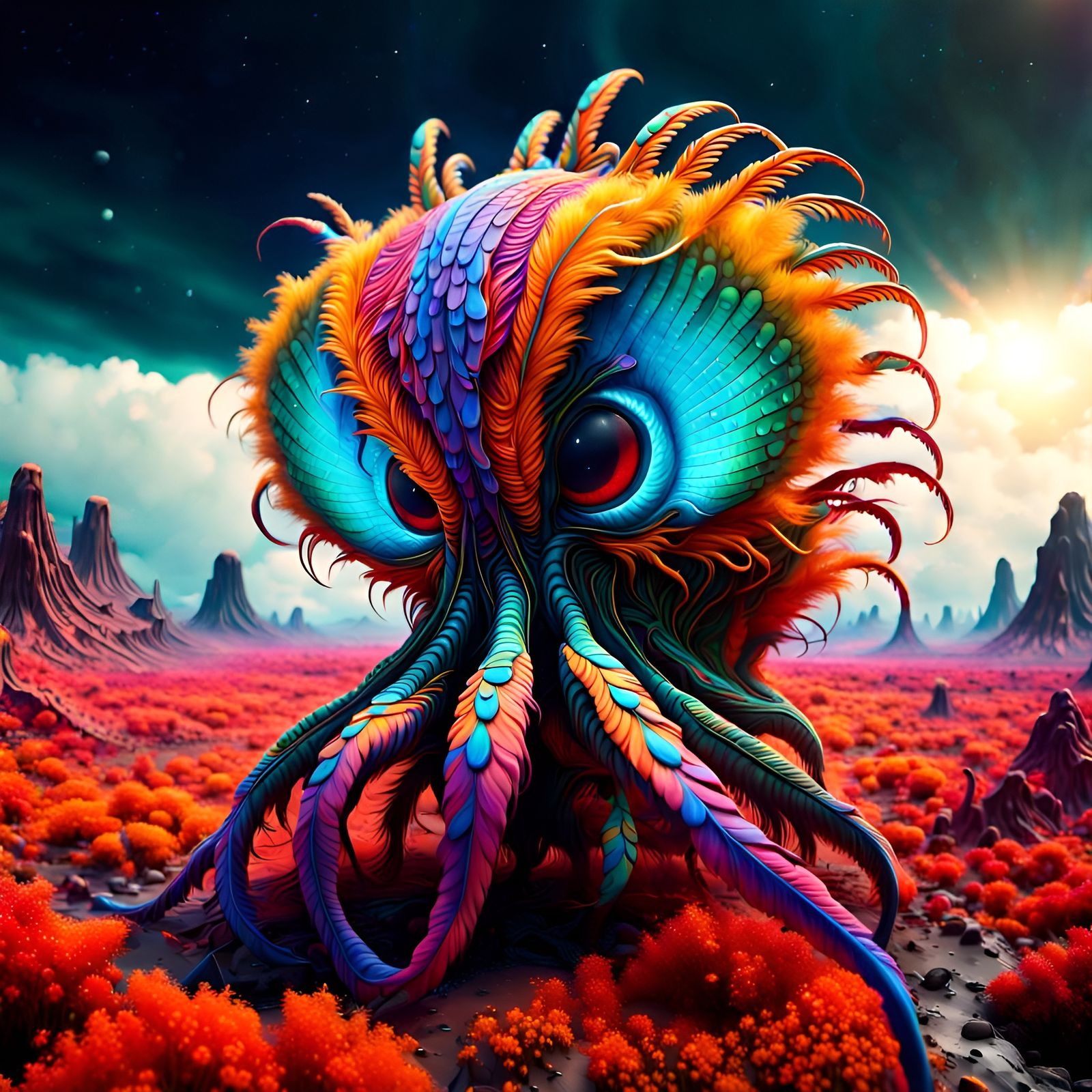 Surreal Fourth-Dimensional Creature Flies Over Alien World