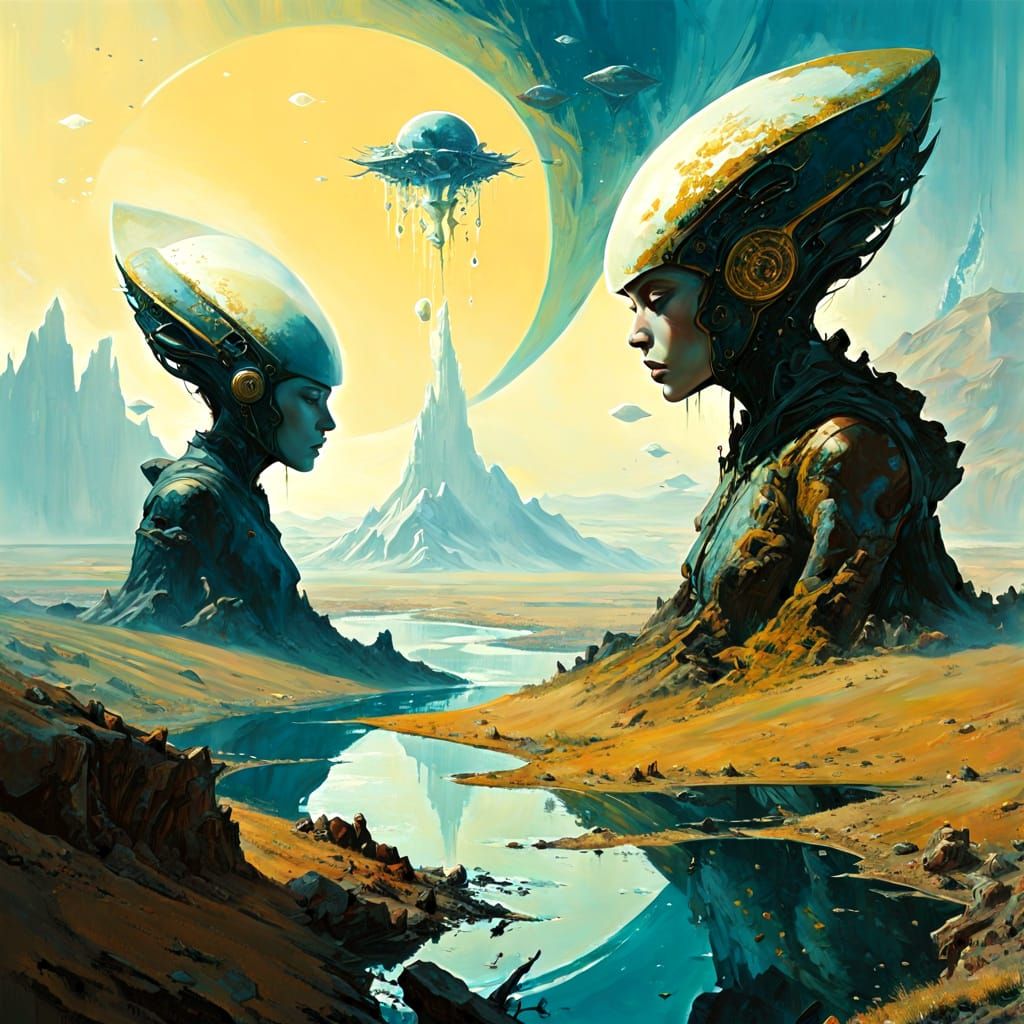 Esoteric Split Image: Alien Landscape in Surreal Oil