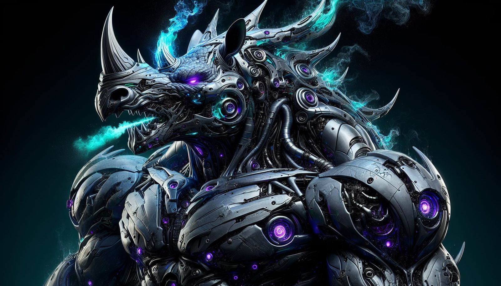 Dark Fantasy Rhinoceros Cyborg: Silver Metal and Blue Fire