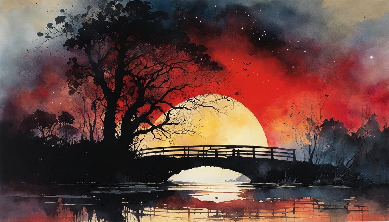 Dark Eclipse Over Swampy River, Watercolor Print