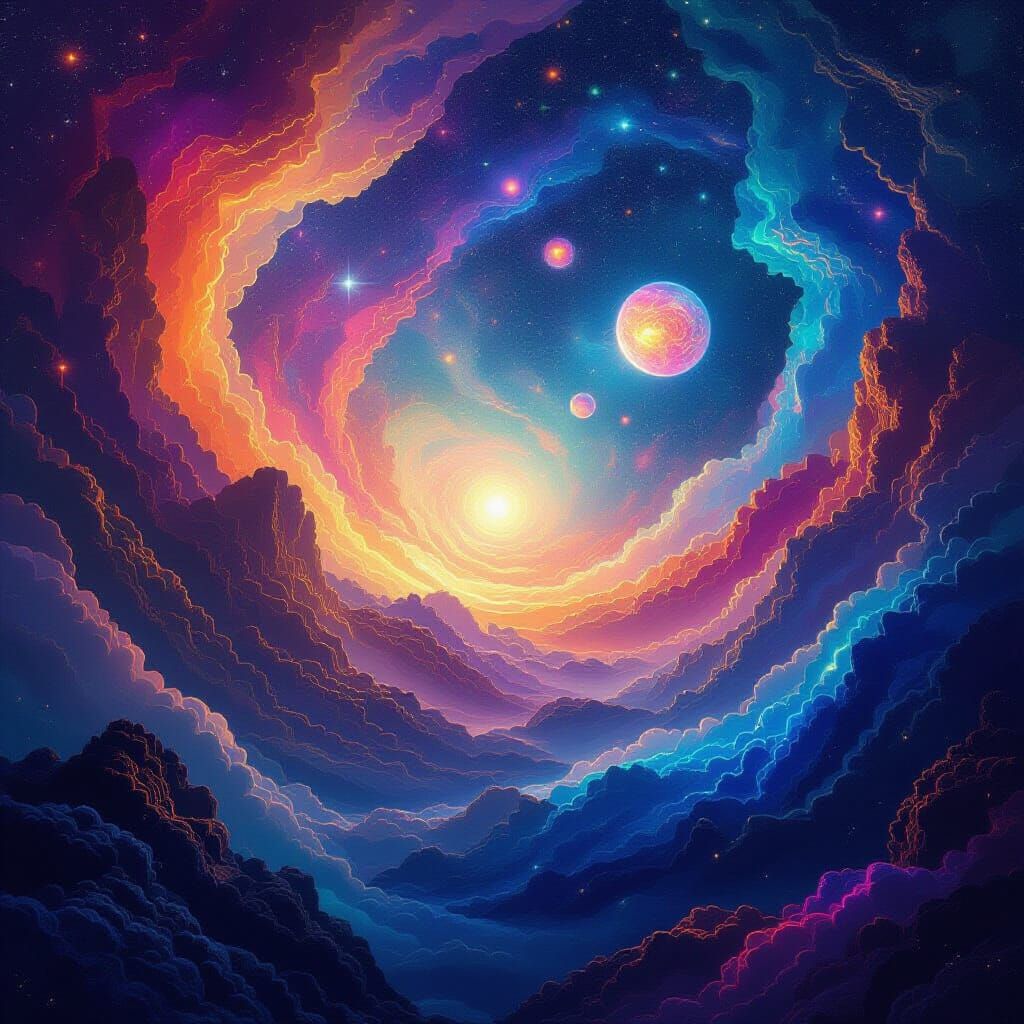 Vibrant Holographic Astral Utopia as Mixed Media Illustratio...