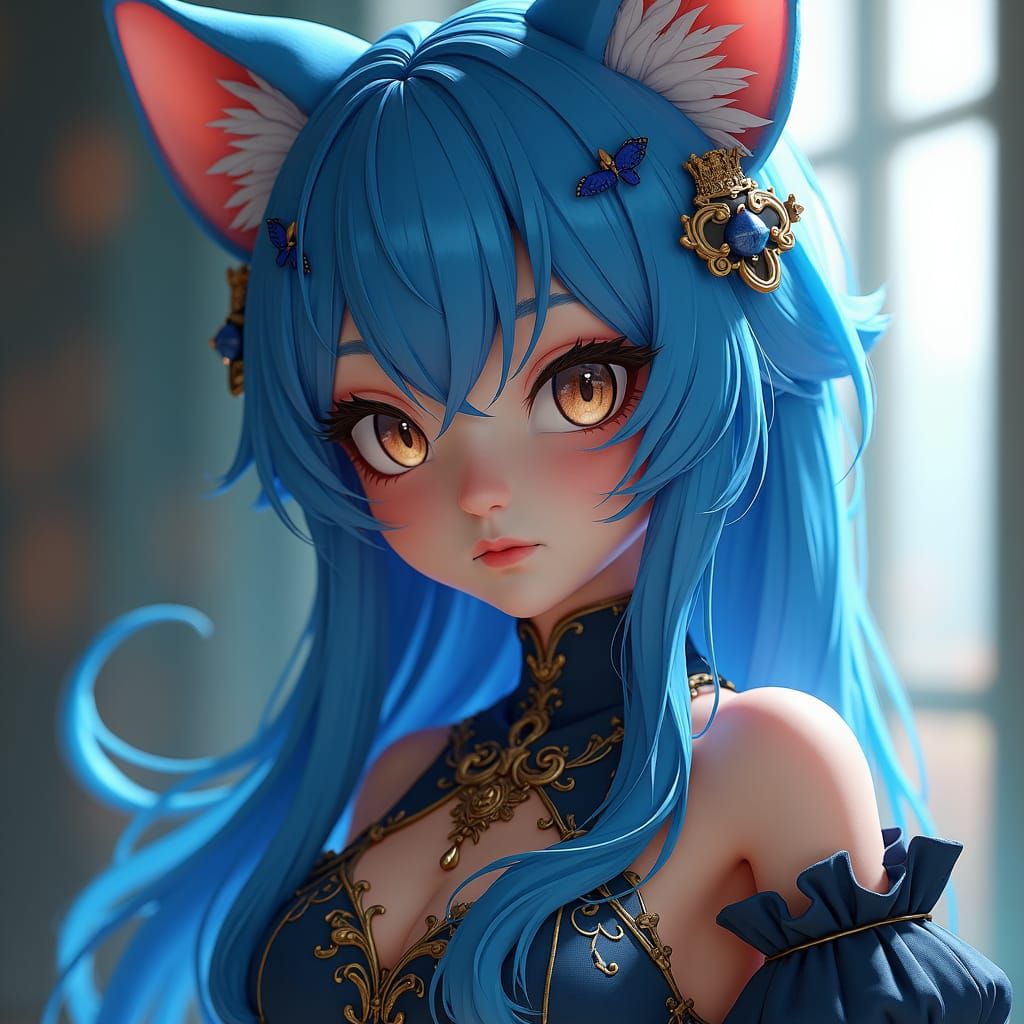 Blue-Haired Catgirl in Ornate Outfit, Anime Style