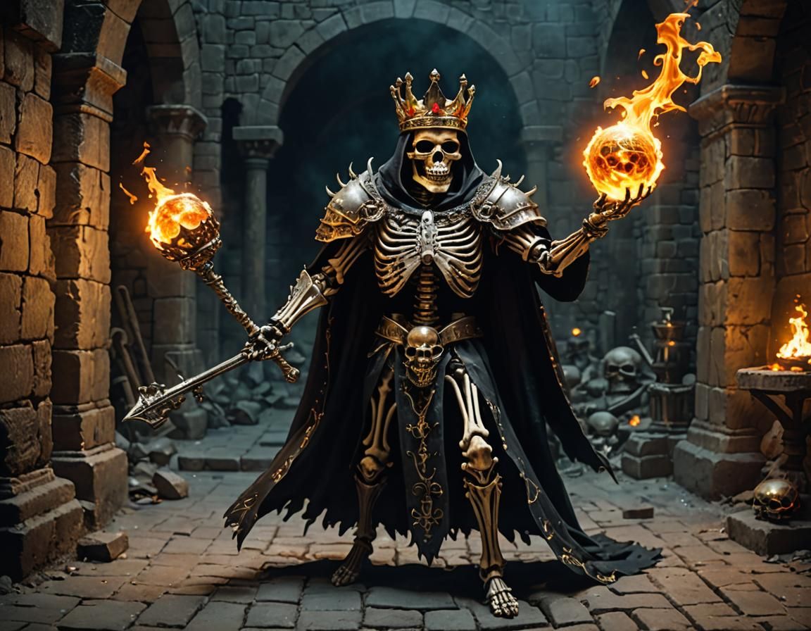 Skeleton King Casting Magic Fireball in Dungeon