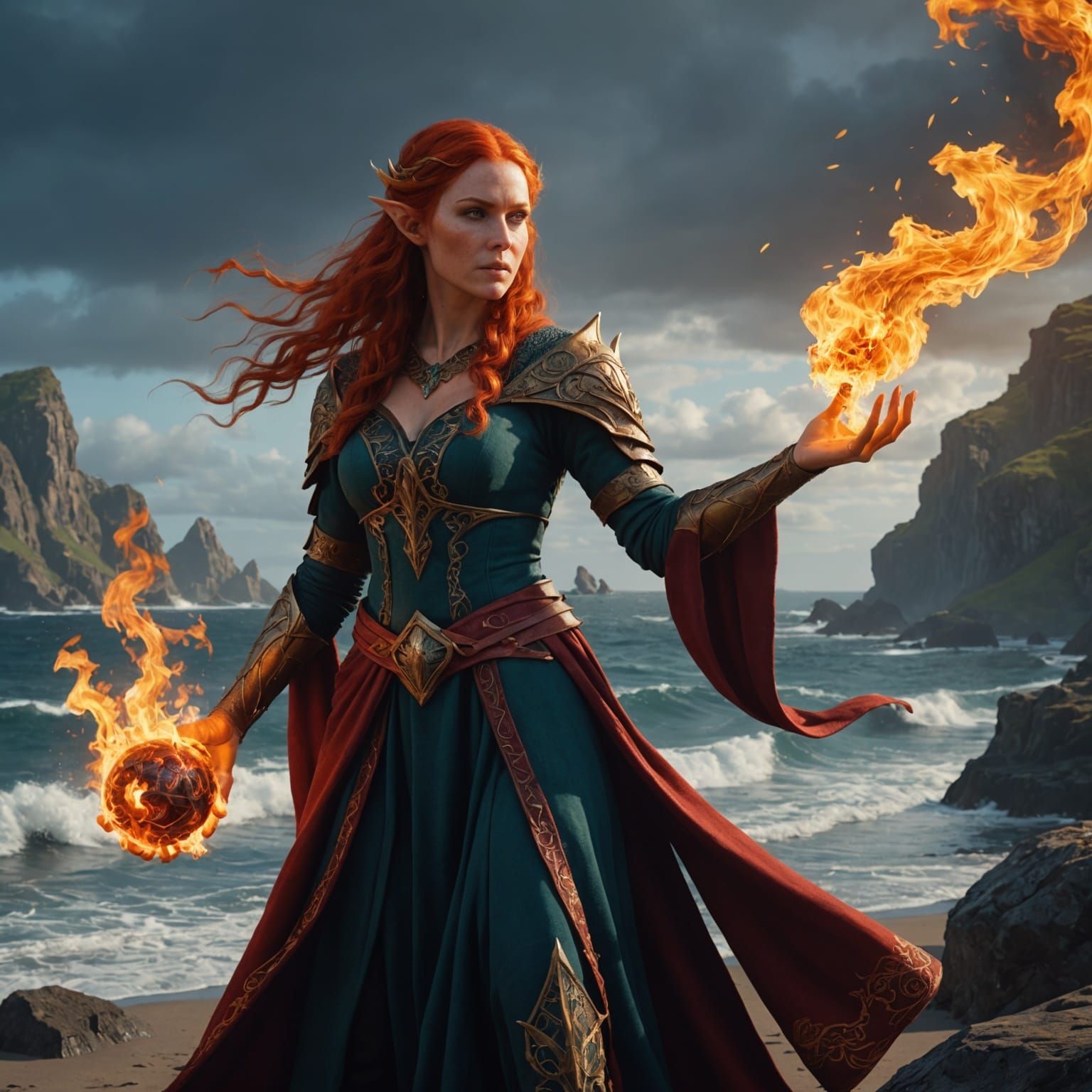 Fiery Elven Sorceress Casting Spell: Fantasy Art