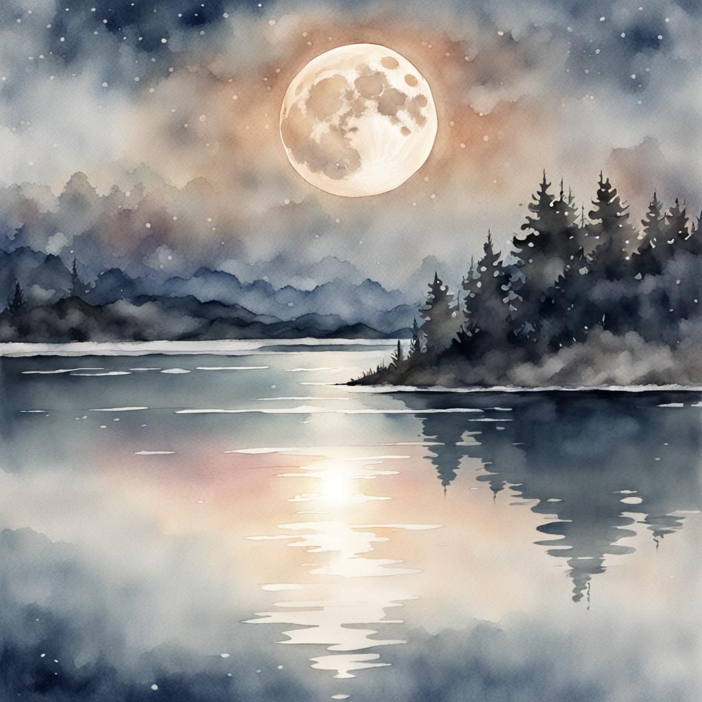 Moonlit Lake Watercolor Impressionist Painting in 6K