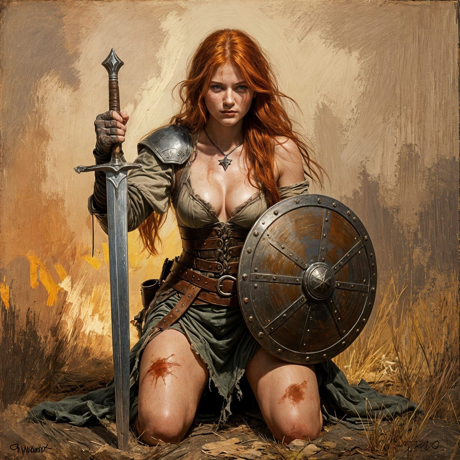 Expressive Impressionist Shield Maiden with Raised Sword