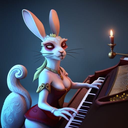 Antlered Rabbit Girl Plays Piano: Dark Fantasy Art