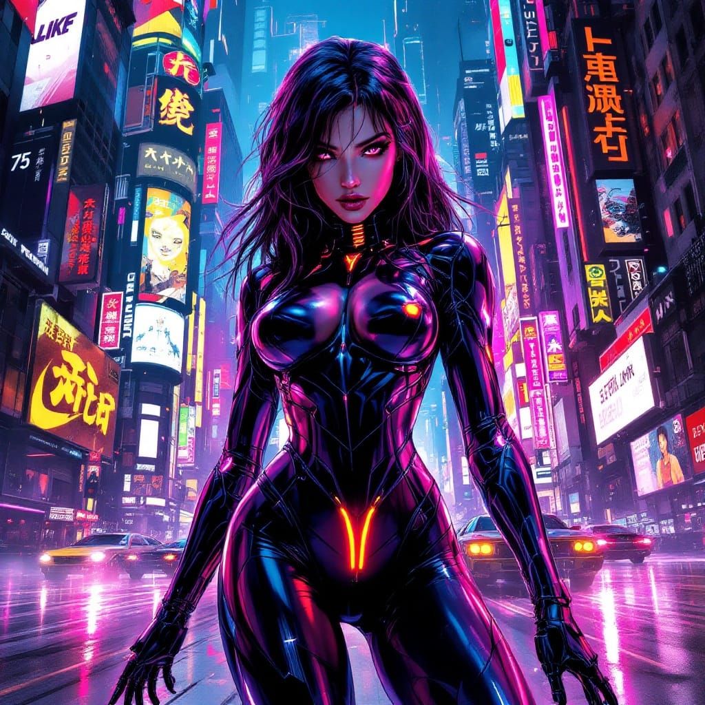 Cyberpunk Femme Fatale in Neon Cityscape