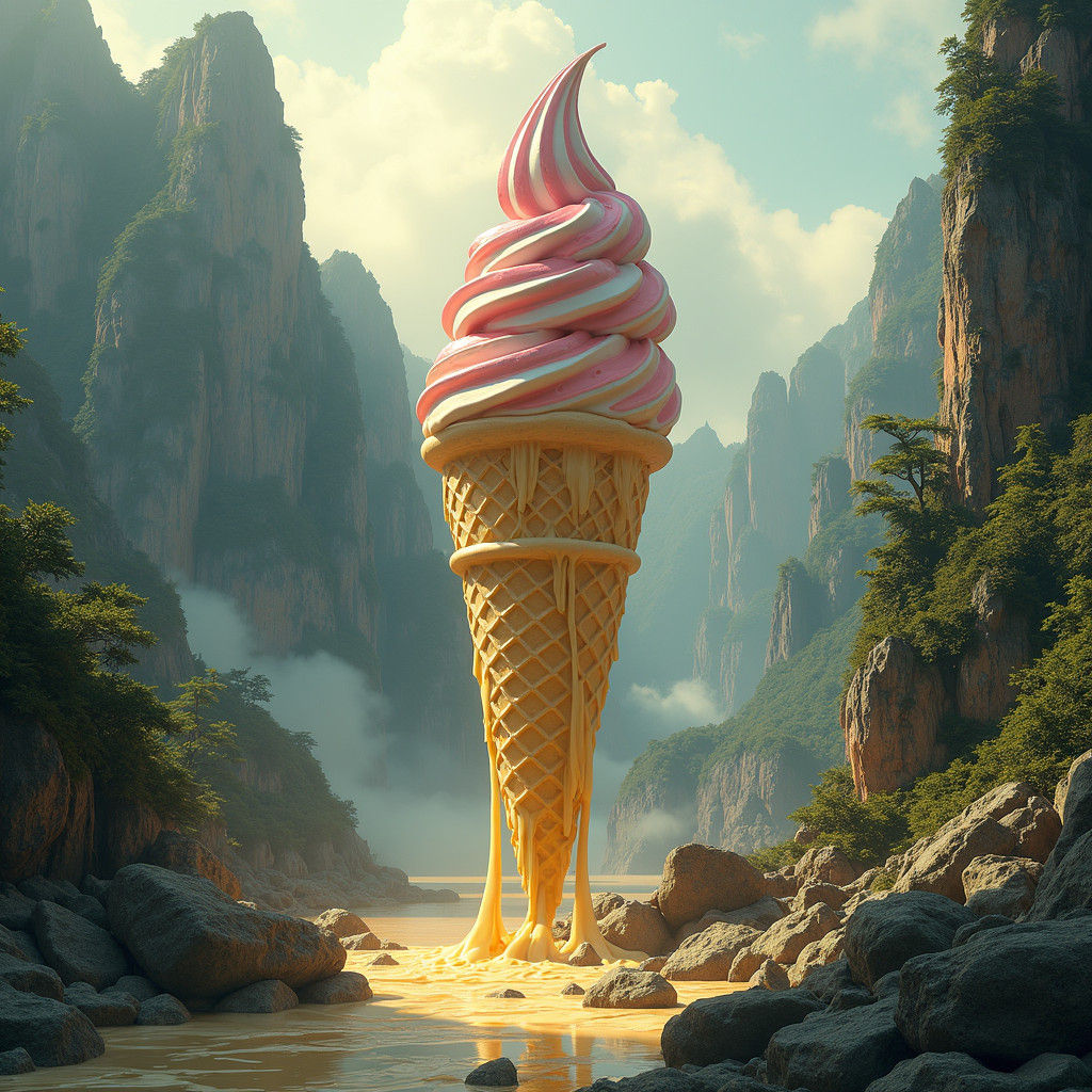 Ice Cream Cone Melts Down Mountain, Photorealistic