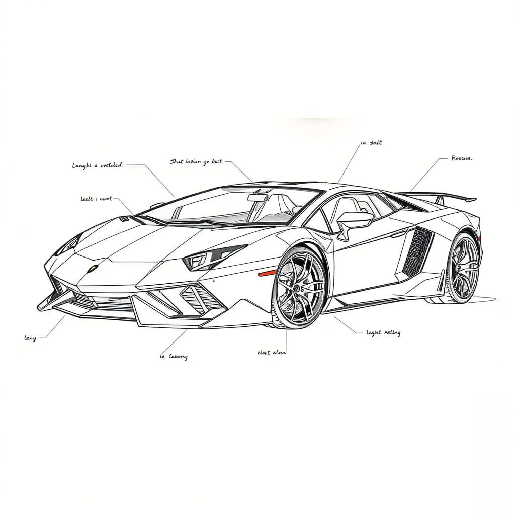 Fine-Lined Sketch of Lamborghini Aventador in Elegant Journa...
