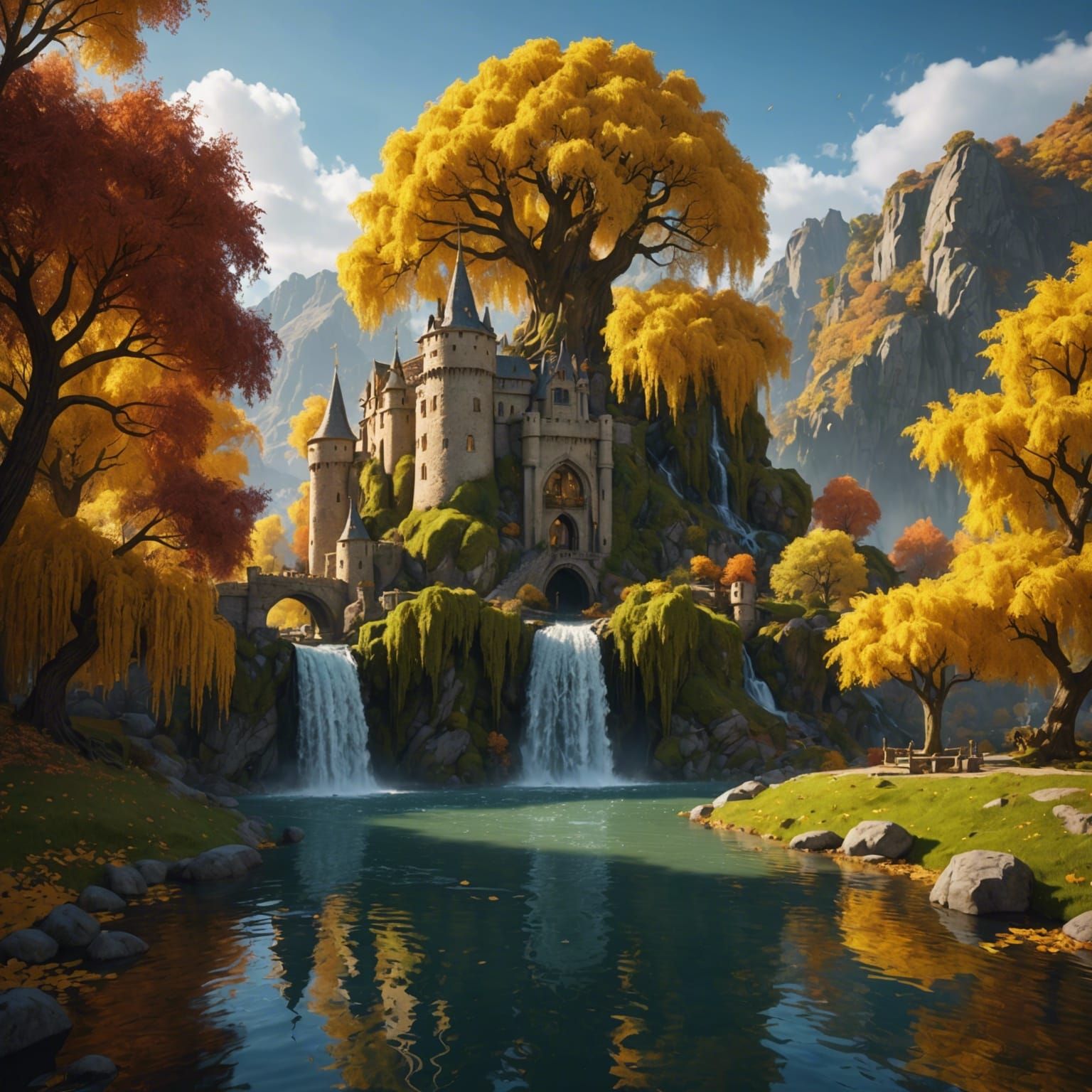Magical Autumn Willow Castle with Golden Pool