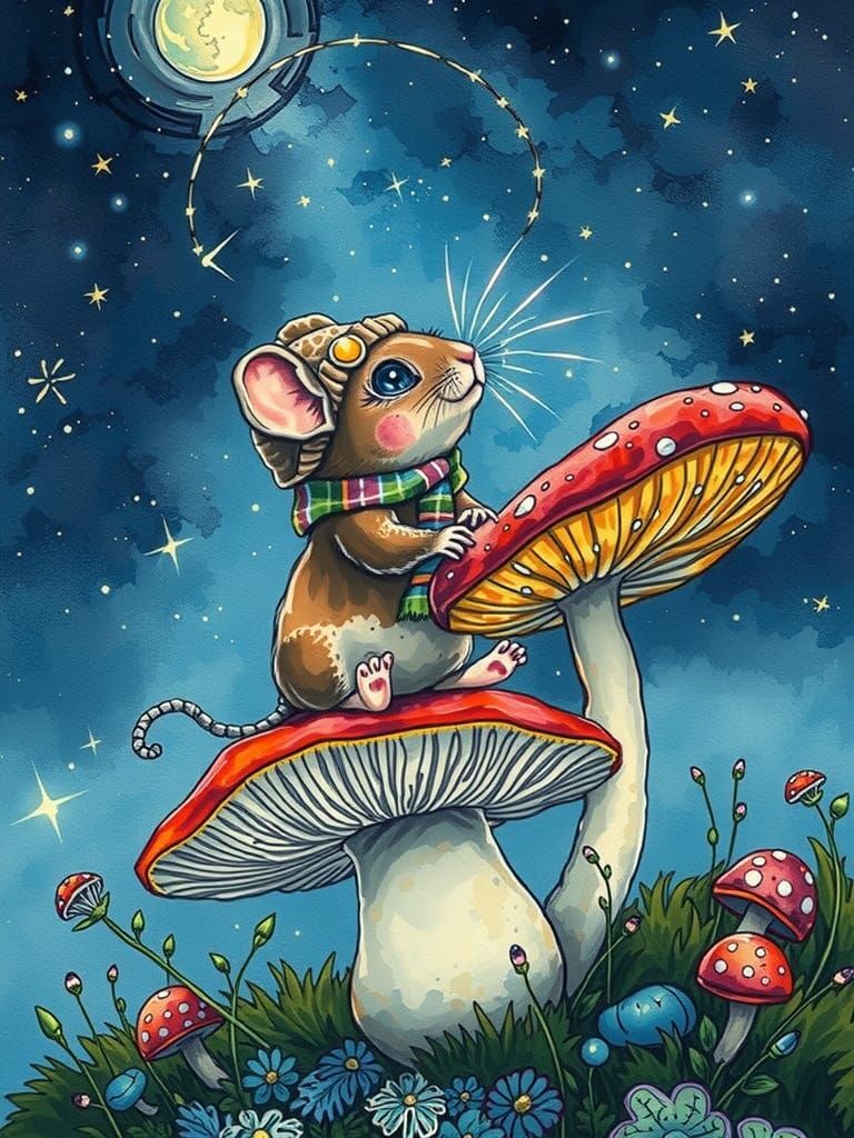 Mouse in Whimsical Starry Night Scene, in Mixed Watercolor a...