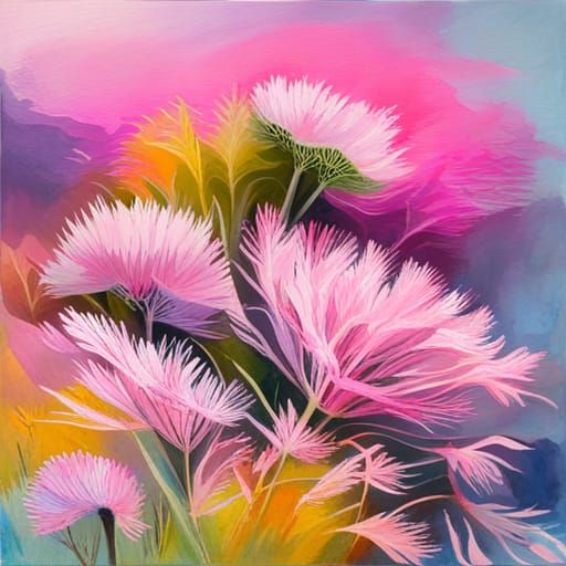 Pink Dandelions in Gouache Style on Canvas