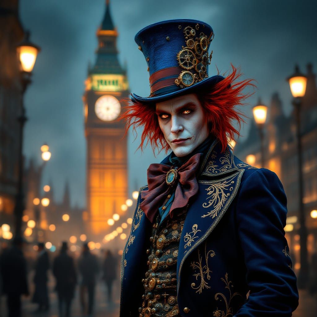 Steampunk Mad Hatter on Foggy Victorian Street