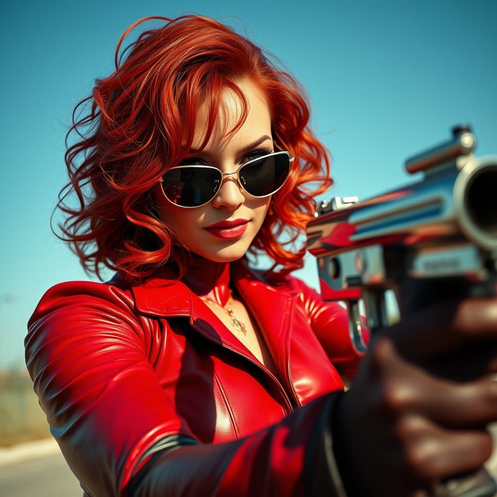 Curvy Mistress in Leather with Chrome Gun