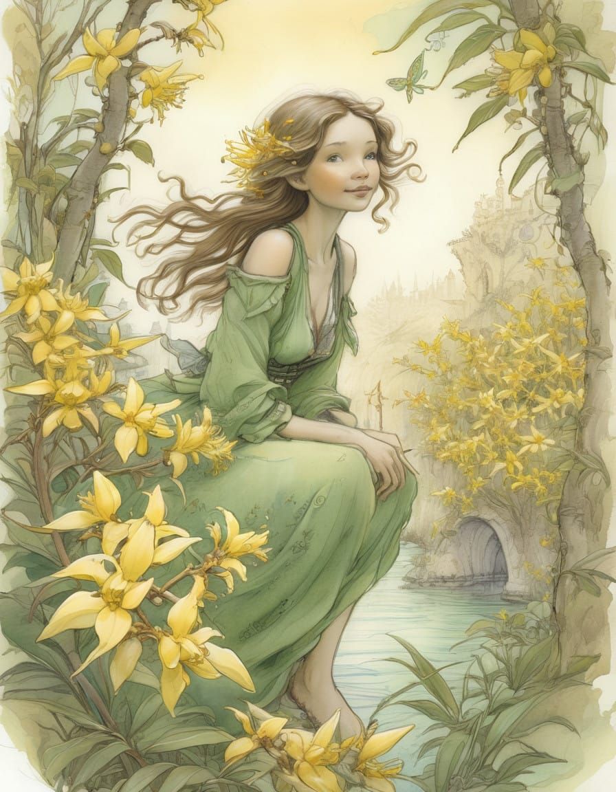 Golden Forsythia Blossom in Whimsical, Sunlit Landscape