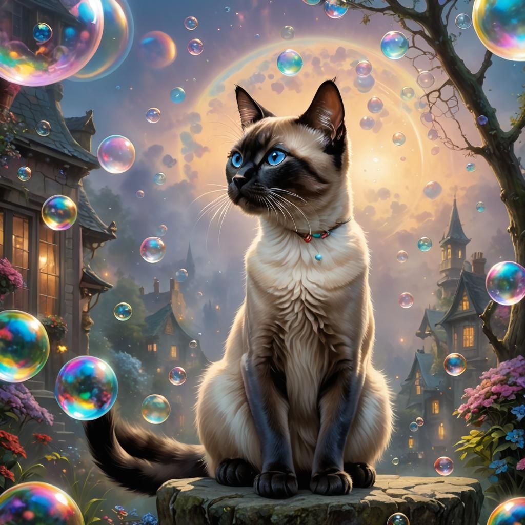Siamese Cat and Bubbles in Ethereal Fantasy Style
