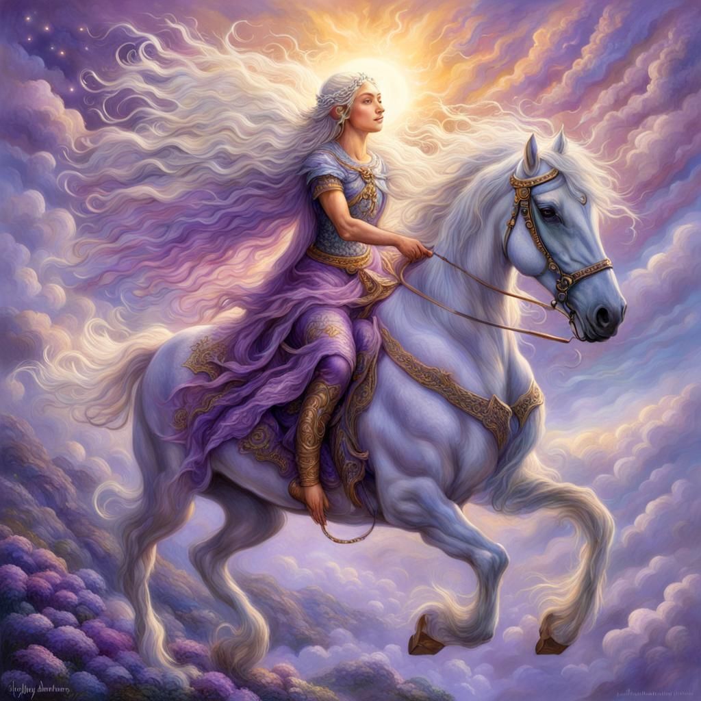 Elven Goddess on Pegasus in Heavenly Light