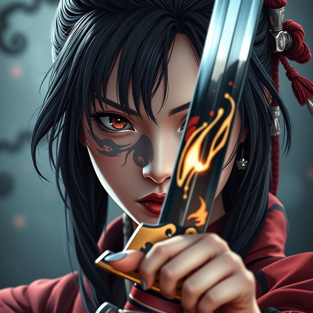 Fierce Japanese Warrior with Katana Reflecting Demon