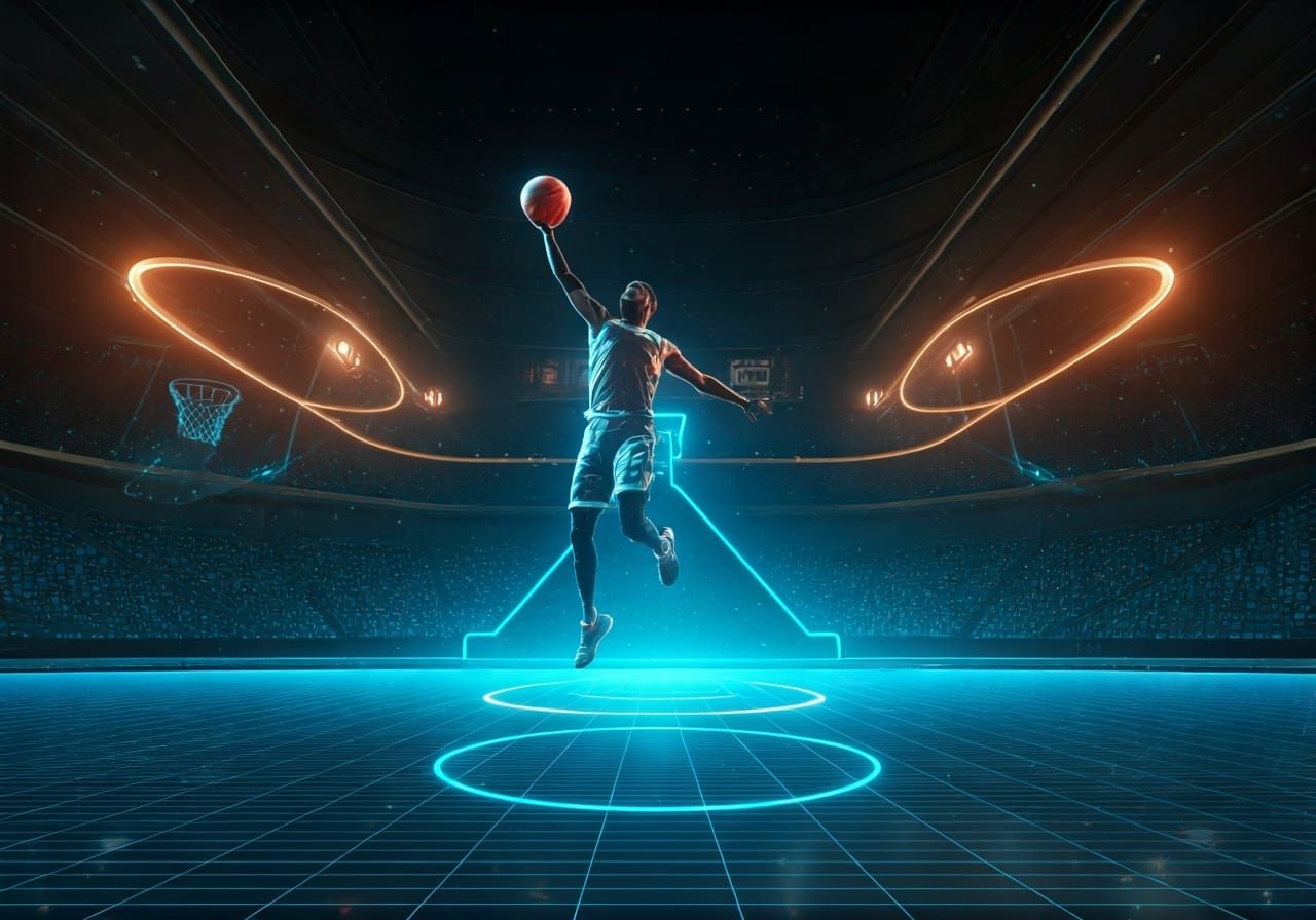 Futuristic Basketball Dunk in a Vast Arena as Photorealistic...