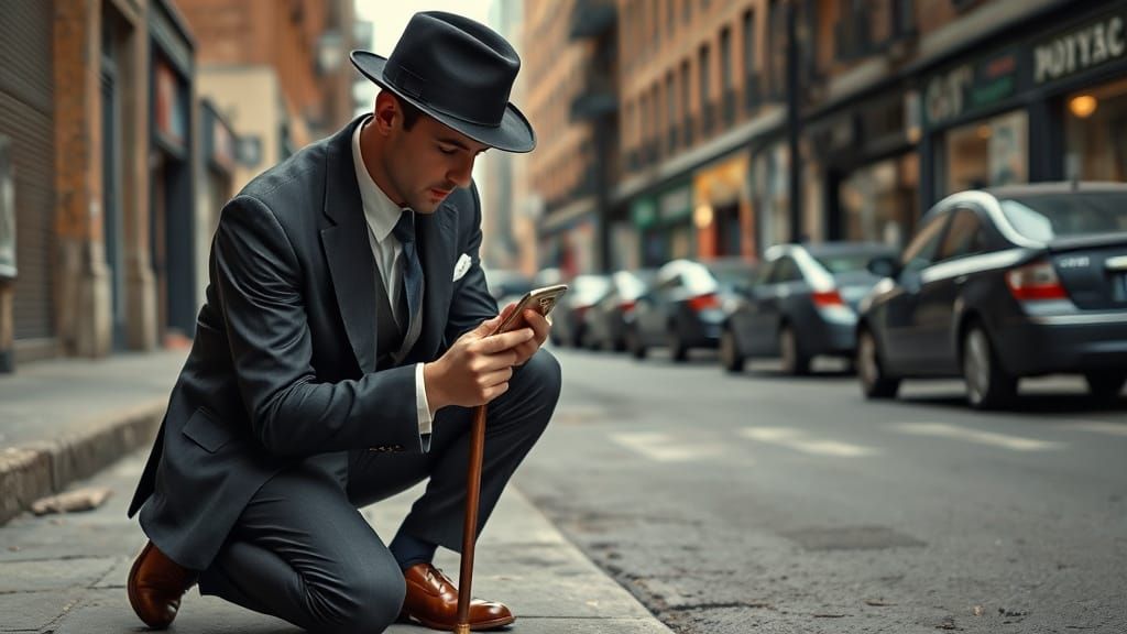 Introspective Man Kneeling in Urban Setting