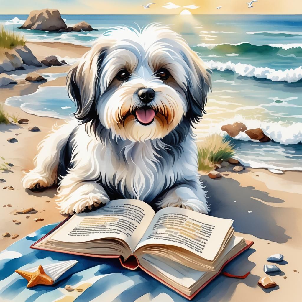 Dog Reads Book on Beach: Watercolor Vector Art