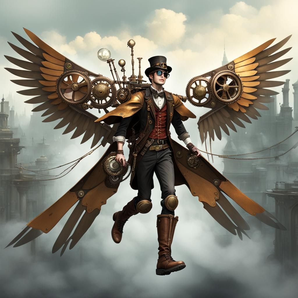 Steampunk Adventurer Soaring with Mechanical Wings