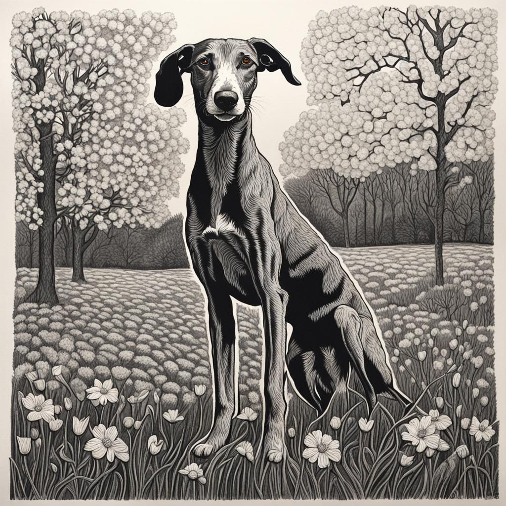 Bedlington Whippet Dog in Spring: Charcoal Linocut