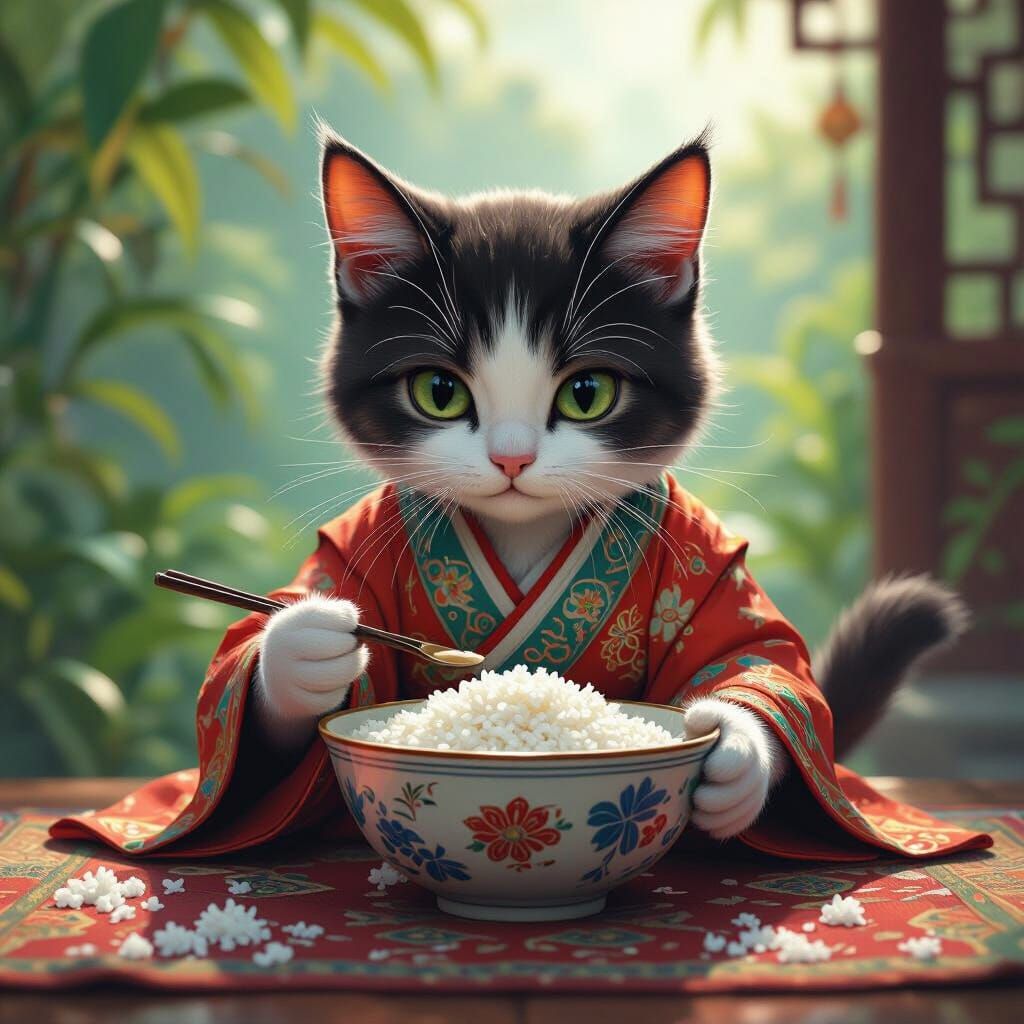 Asian Cat Enjoys Rice: Fantasy Concept Art