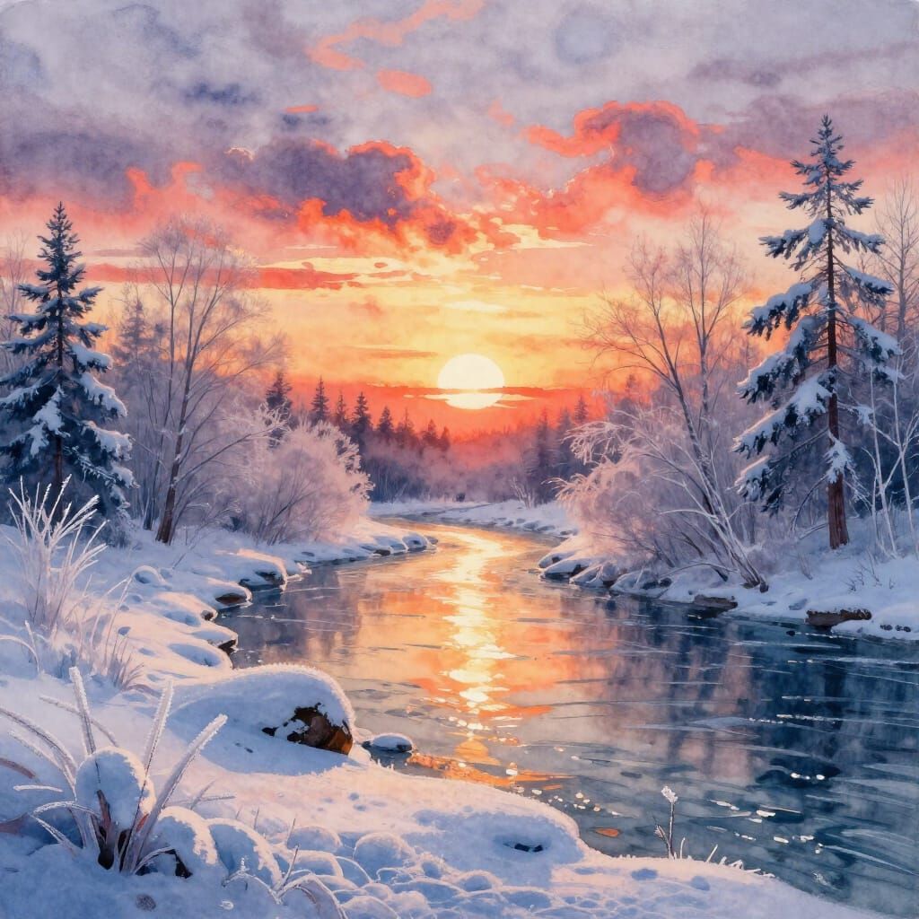 Beautiful Frosted Winter Sunset with Vibrant River