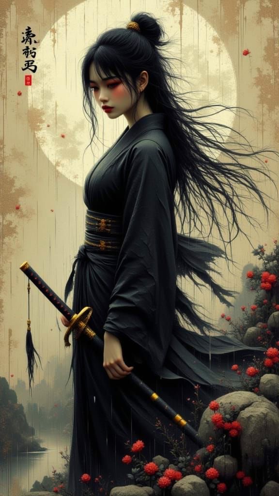 Kunoichi Samurai in Rainfall, Vintage Oil Painting Style