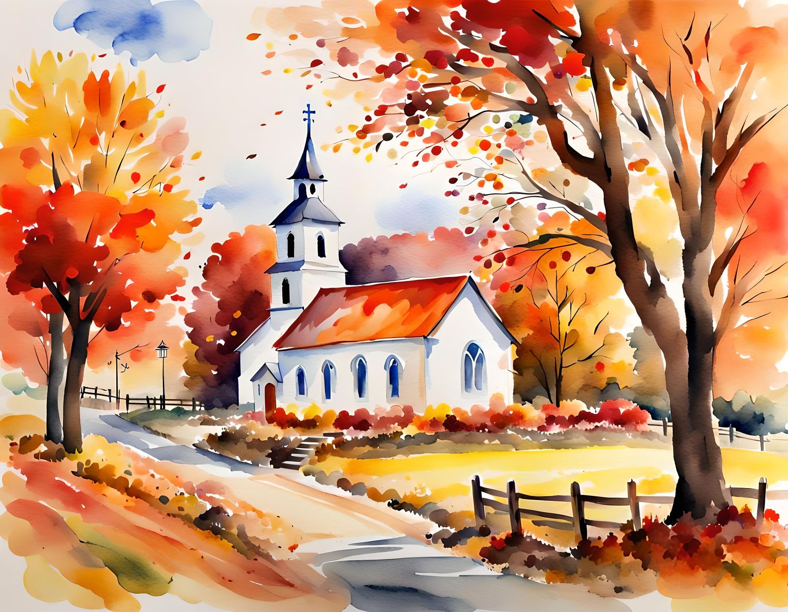 Autumn Village Church Watercolor Painting